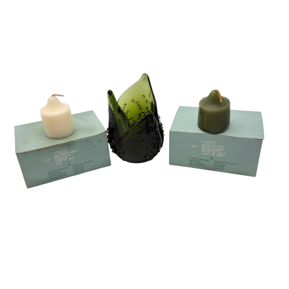 NWT Vintage PartyLite Green Glass Tulip Votive Candle Holder & 2 Boxes Candles